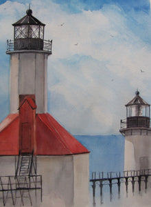 A watercolor painting featuring two lighthouses with red roofs on a pier, with the American flag colors prominently displayed.