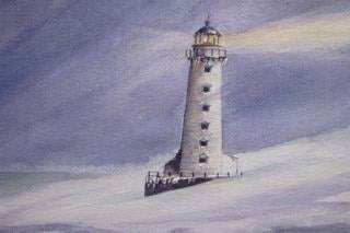 A painting of Stannard's Rock Lighthouse on Lake Superior, depicting the lighthouse in a stormy atmosphere with dark clouds.