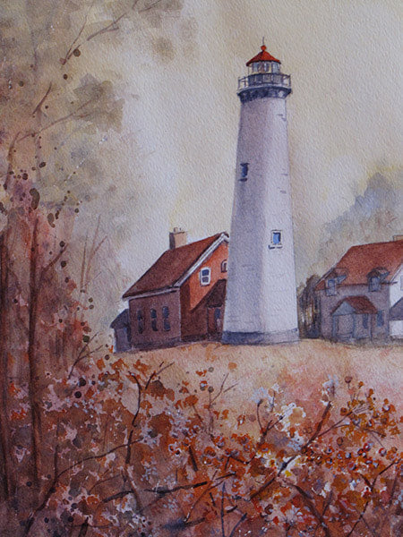 A painting of Tawas Point Lighthouse during autumn with fall foliage in the foreground and a soft yellow sky.