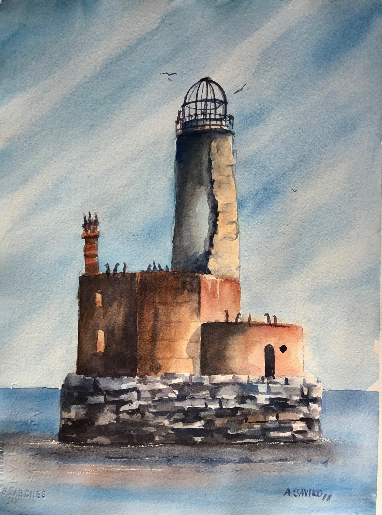 A painting of the Waugoshance Shoal Lighthouse on Lake Michigan, featuring rust, blue, and gray colors with a diagonal sky.