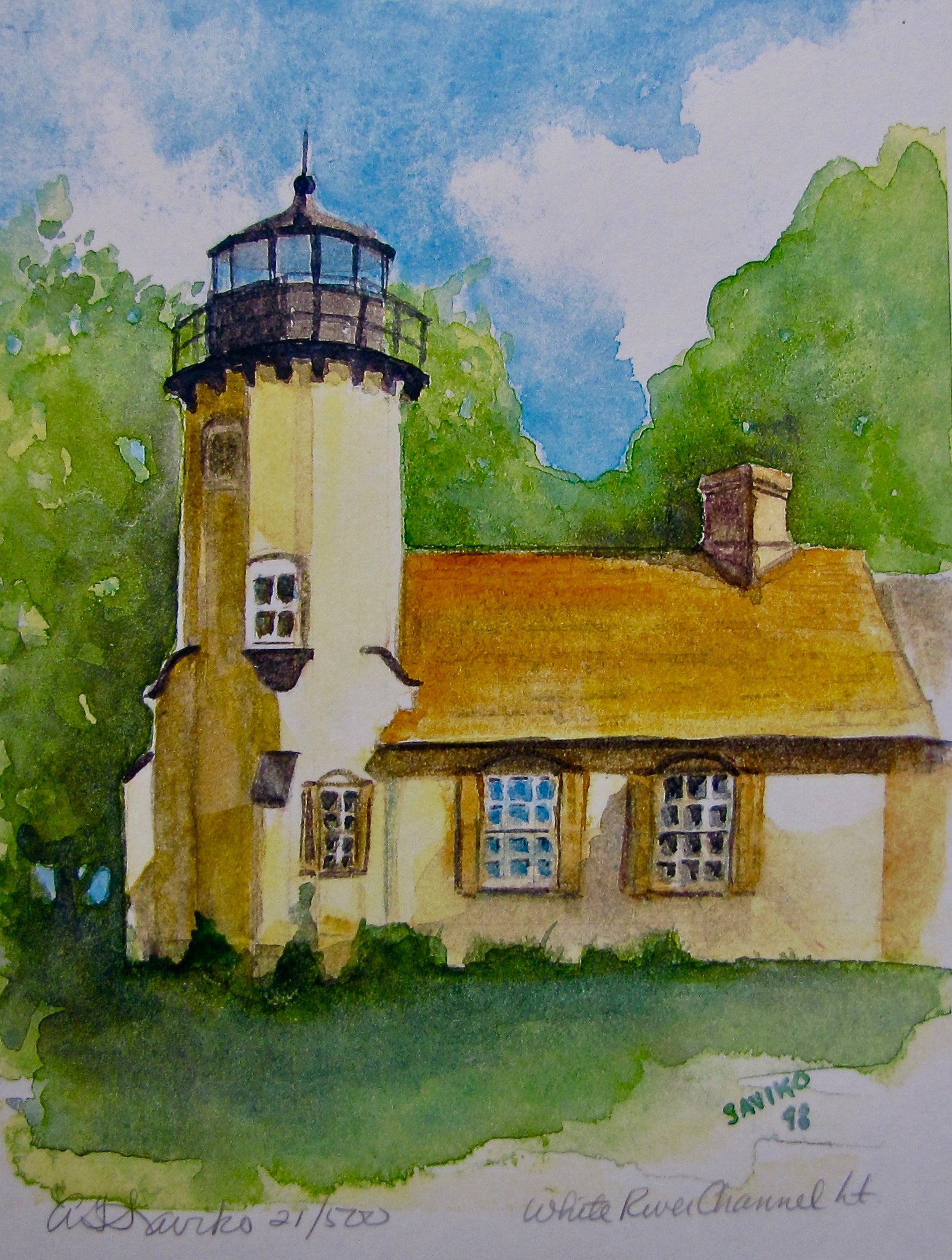 A painting of the White River Channel Lighthouse with a yellow brick tower, located on Lake Michigan's southwestern shore.