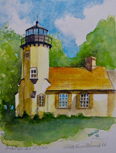 A painting of the White River Channel Lighthouse with a yellow brick tower, located on Lake Michigan's southwestern shore.
