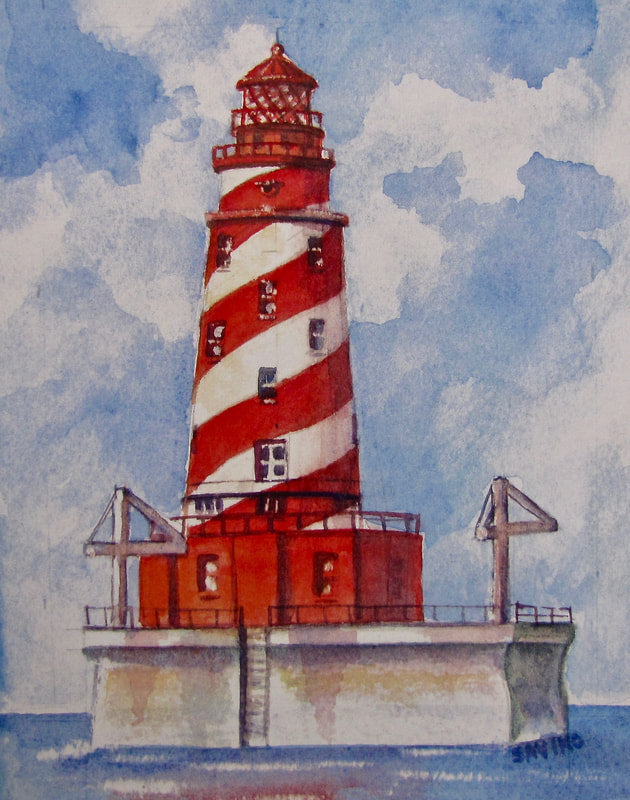 A watercolor painting of the White Shoal Lighthouse with red and white stripes against a backdrop of a serene sky and water.