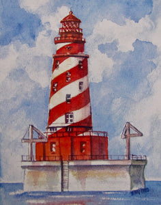 A watercolor painting of the White Shoal Lighthouse with red and white stripes against a backdrop of a serene sky and water.