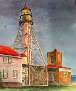A watercolor painting of Whitefish Point Lighthouse at sunrise with Lake Superior in the background.