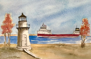 A watercolor painting featuring a lighthouse on Frying Pan Island with a ship in the background, set against a blue sky and autumn-colored trees.